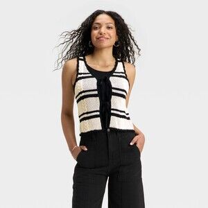 Openwork Tie-Front Sweater Vest - Black Striped L